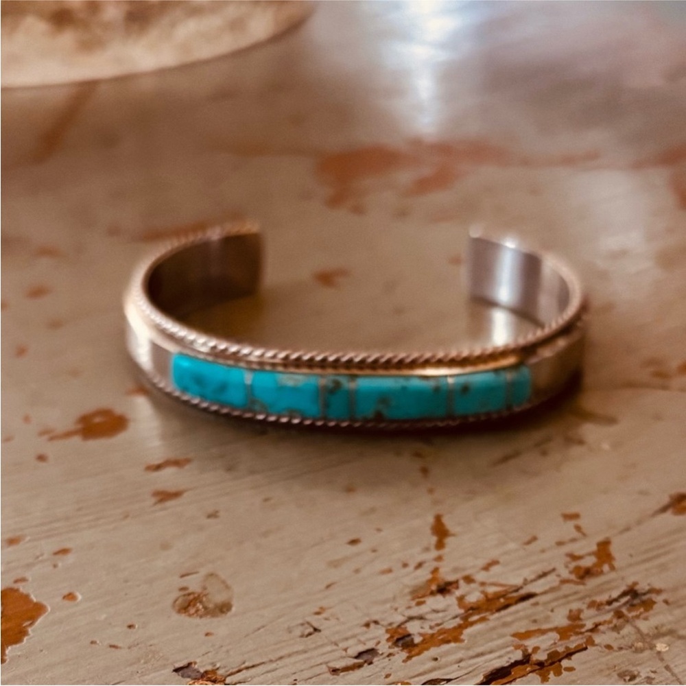 Navajo Silver Cuff Bracelet with Turquoise Inlay by Francis Yazzie